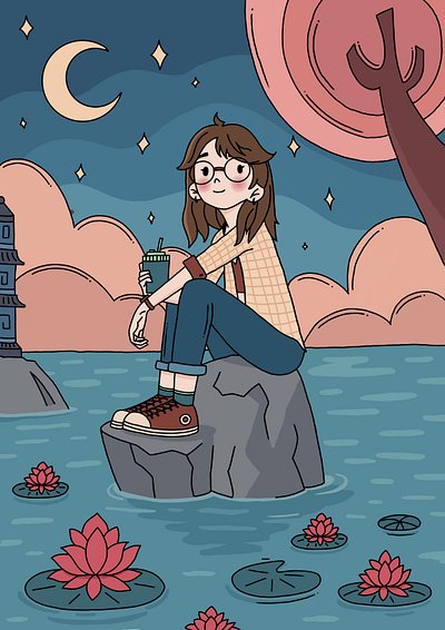 Moonlight Calm characterillustration cozyart digitalillustration dreamyvibes illustration nightscene procreateart