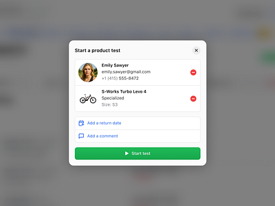 Starting a product test in Digital Test Center backdrop blur blur dialog dtc lucide modal ui ux