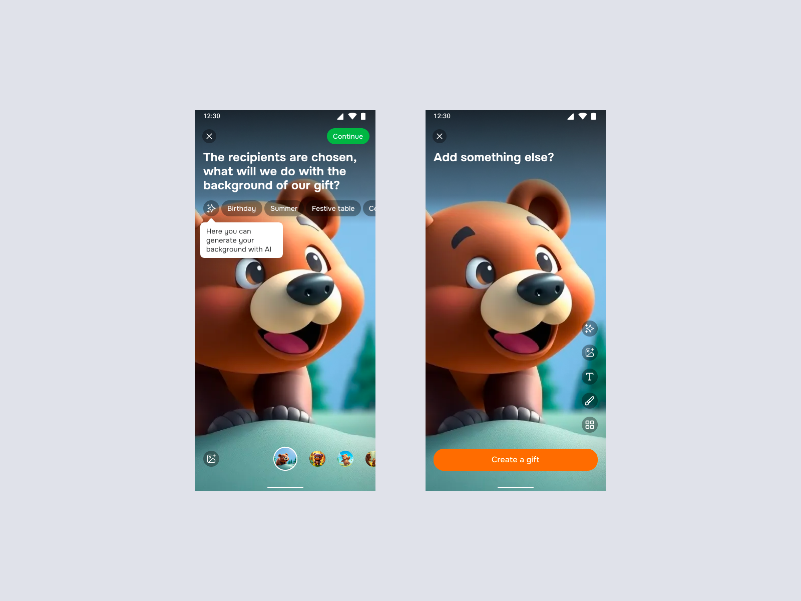 Creating AI postcard/gift ai app background design interface mobile ui