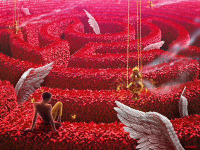 ⁺🟥⚜️🟥⁺ angel boy garden gold graphic design heaven holy illustration incense labyrinth maze mystery photoshop red religion sacred serenity smoke solitude wings