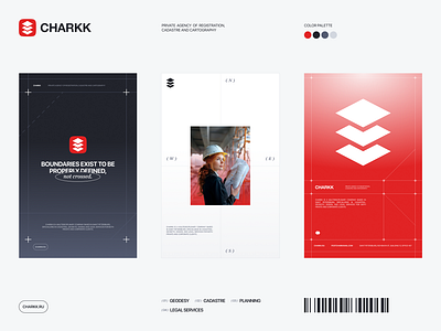 CHARKK - Brand Identity Concept - Grid-Based Layouts architecture brandidentity branding businessbranding cadastral color palete construction design geodesy graphic design grey grid logo minimal planning poster red vector