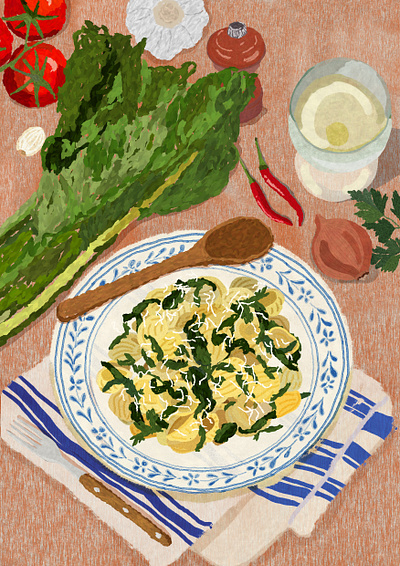 Orecchiette con cime di rapa drawing editorial illustration photoshop