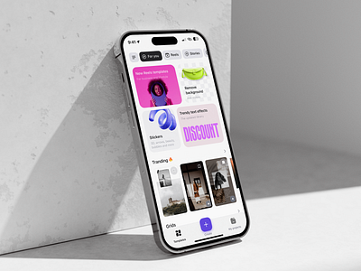 iOS Graphic Editor – Home Screen UI app design cards creativity app design tool home screen icon ios ios app light mode main page minimal design navigation tab bar