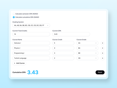 GPA Calculator UI - anbean KAMPÜS anbean kampüs clean ui design figma gpa gpa calculator gpa tool minimal ui modern ui product design student tools tool design ui ui design ux ux design web app web design