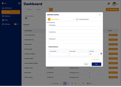 Adding new facility and facility services add facility add new facility add services desktop visual facility views new facility service cost ui
