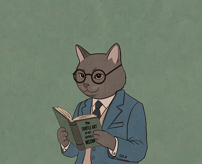 The Subtle Art Of Not Giving a Meow books card cat cat illustration cute decoration feline funny funny cat glasses green illustration meow poster reading sarcastic vintage whimsical