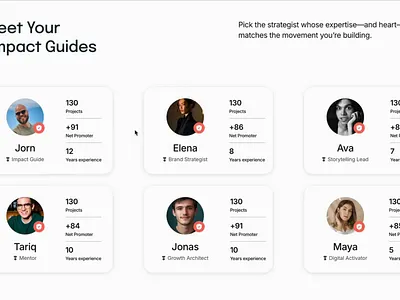 Meet Your Impact Guides – click to flip ✨ 3d agency website animation card design flip card framer motion graphics ui web design web development website website design