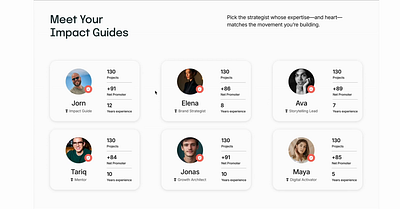 Meet Your Impact Guides – click to flip ✨ 3d agency website animation card design flip card framer motion graphics ui web design web development website website design