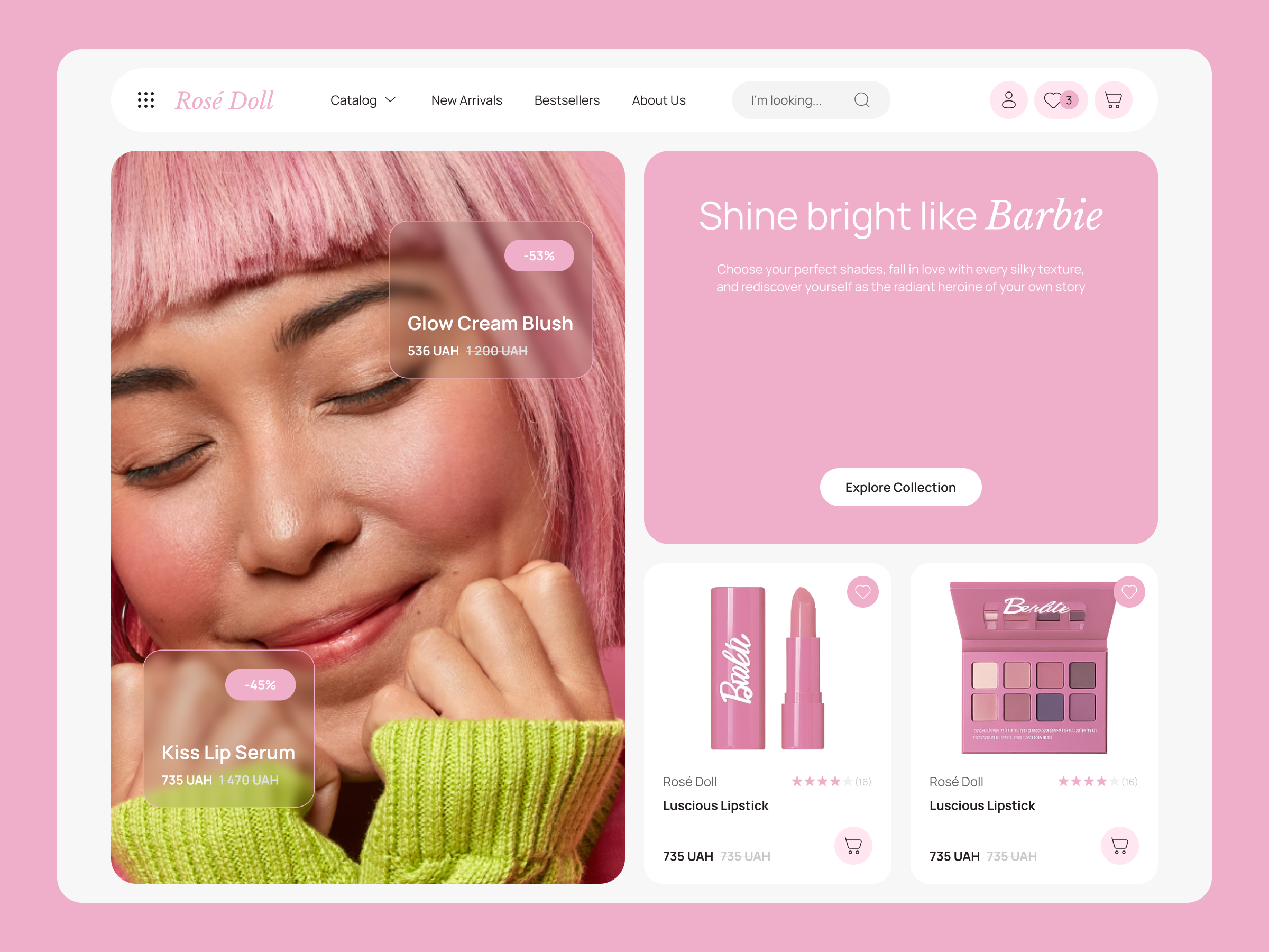e-commerce cosmetic shop 1st page barbie beauty cosmetic design e commerce girl landing landing page pink shop shot site ui