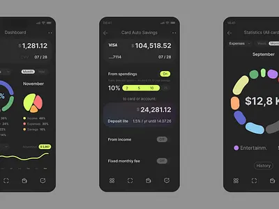 Personal Finance App UX/UI Design in Dark Mode app bank app dark mode dashboard design diagram finance app finance management fintech interface mobile app mobile dashboard money app money management personal finance ui ui design uiux user interface ux