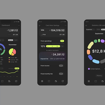 Personal Finance App UX/UI Design in Dark Mode app bank app dark mode dashboard design diagram finance app finance management fintech interface mobile app mobile dashboard money app money management personal finance ui ui design uiux user interface ux
