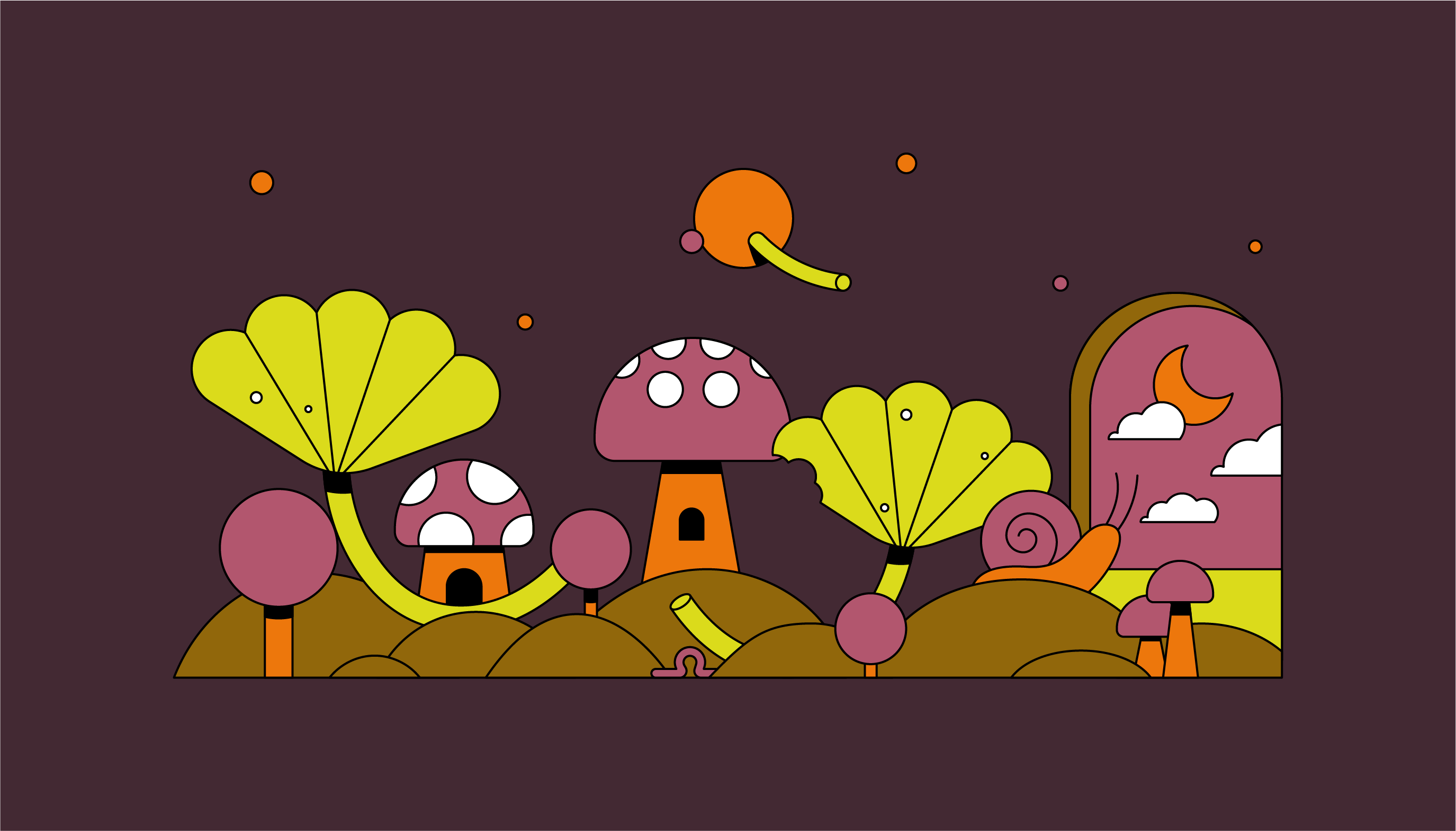 Discover Small Worlds cute fantasy flowers illustration monoweight mushroom nature outline snail world