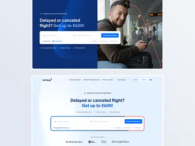 ✈️ Hero section explorations for AirHelp airhelp branding desktop experimentation figma hero herosection landingpage menu minimalui productdesign serach travel traveldesign ui ux webdesign