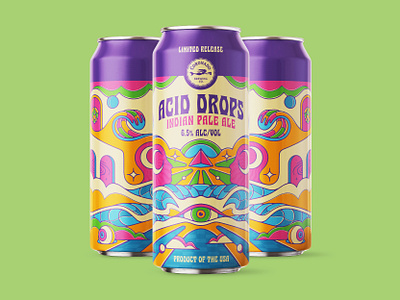 Acid Drops Beer Can Illustration | Coronado Brewing Company acid acid art beer can illustration california coastal art coronado brewing nienowbrand ocean packaging design psychedelic san diego san diego artist san diego beer surf art surfing trippy design