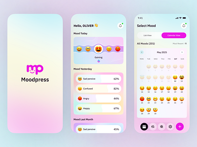 Moodpress – Mood Tracker Mobile App Design data with emotion health journal healthylifestyle ios app medical meditation mental care mobile app mobile app ui mobile design mood tracker self care self care app soft ui startup stress tracker telemedicine ui wellness app