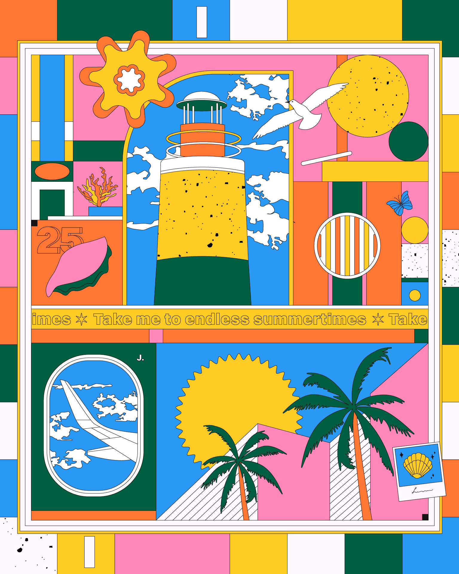 Endless Summer beach color palette color scheme colorful design graphic art grid illustration postcard summer summer 2025 summer colors symbols vacation vector vector art vectorart