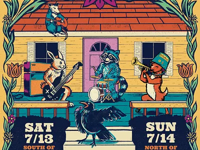 Tacoma Porchfest 2025 Poster animals colorful crow festival hand drawn illustration instruments music festival porch poster racoon tacoma