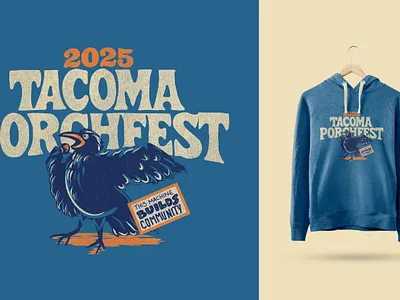 Tacoma Porchfest Hoodie blue crow hand drawn hoodie illustration lettering lockup mockup orange porchfest rrdc sweatshirt tacoma