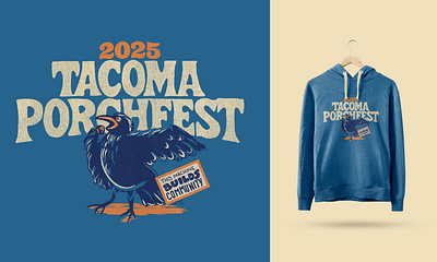 Tacoma Porchfest Hoodie blue crow hand drawn hoodie illustration lettering lockup mockup orange porchfest rrdc sweatshirt tacoma