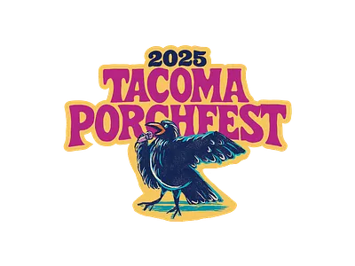 Tacoma Porchfest Sticker branding colorful crow festival hand drawn illustration lettering merch music outline purple rrdc singing sticker tacoma yellow