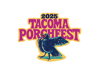 Tacoma Porchfest Sticker branding colorful crow festival hand drawn illustration lettering merch music outline purple rrdc singing sticker tacoma yellow