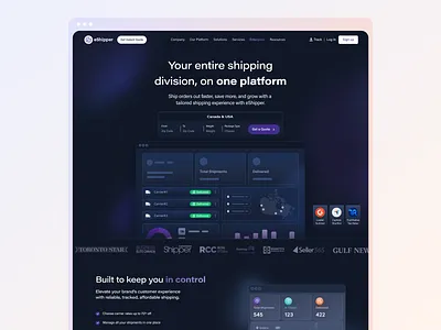 Home page dark template eShipper ai animation concept dashboard home page landing page logistic saas product web app web application