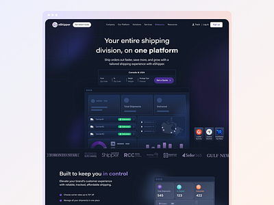 Home page dark template eShipper ai animation concept dashboard home page landing page logistic saas product web app web application
