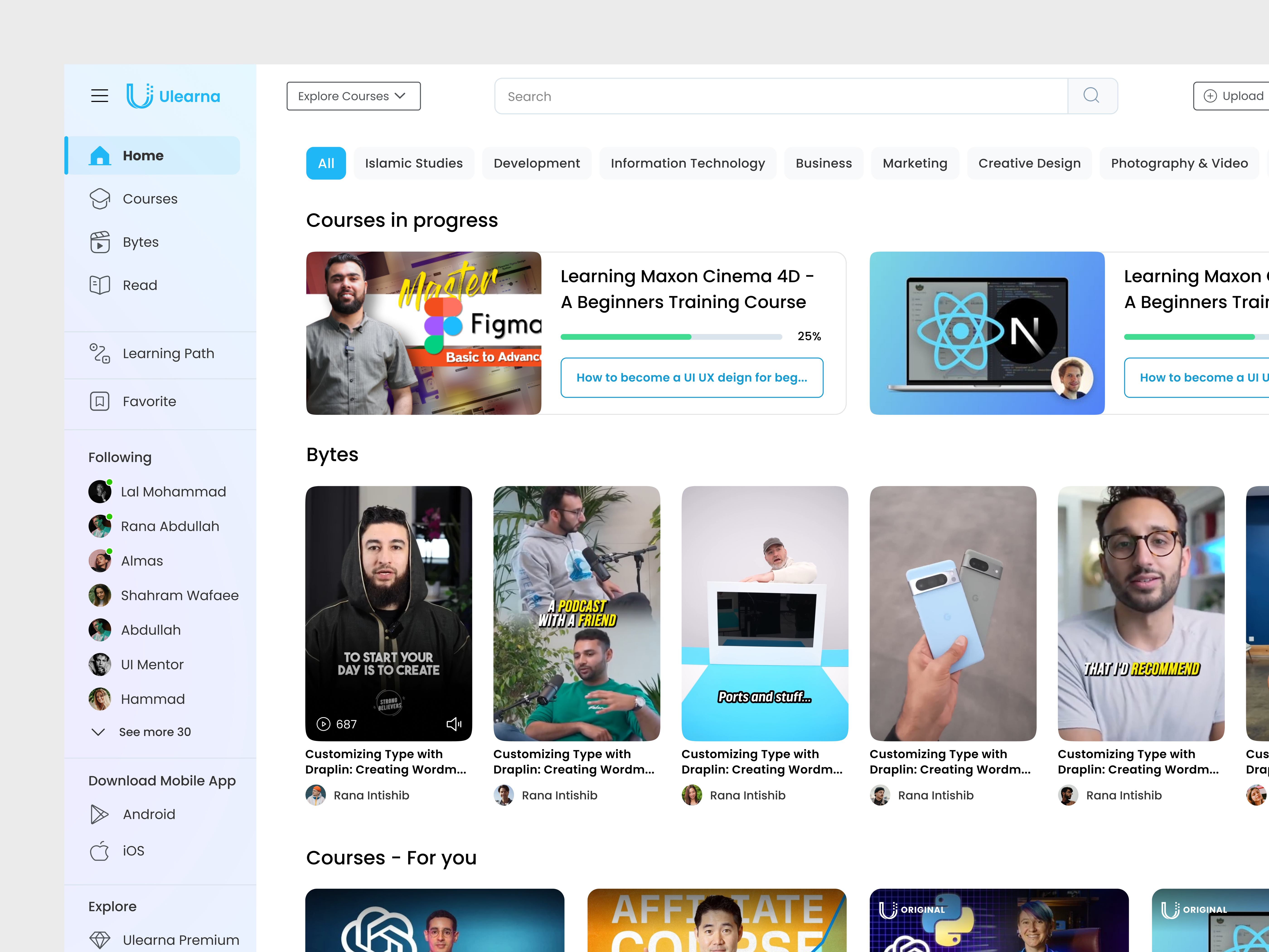 A user-centric design for an online learning platform course selling courseplatform designer edtechdesign figma design home page learn onlinelearning product design short form content uiux user experience watch courses web design webapp