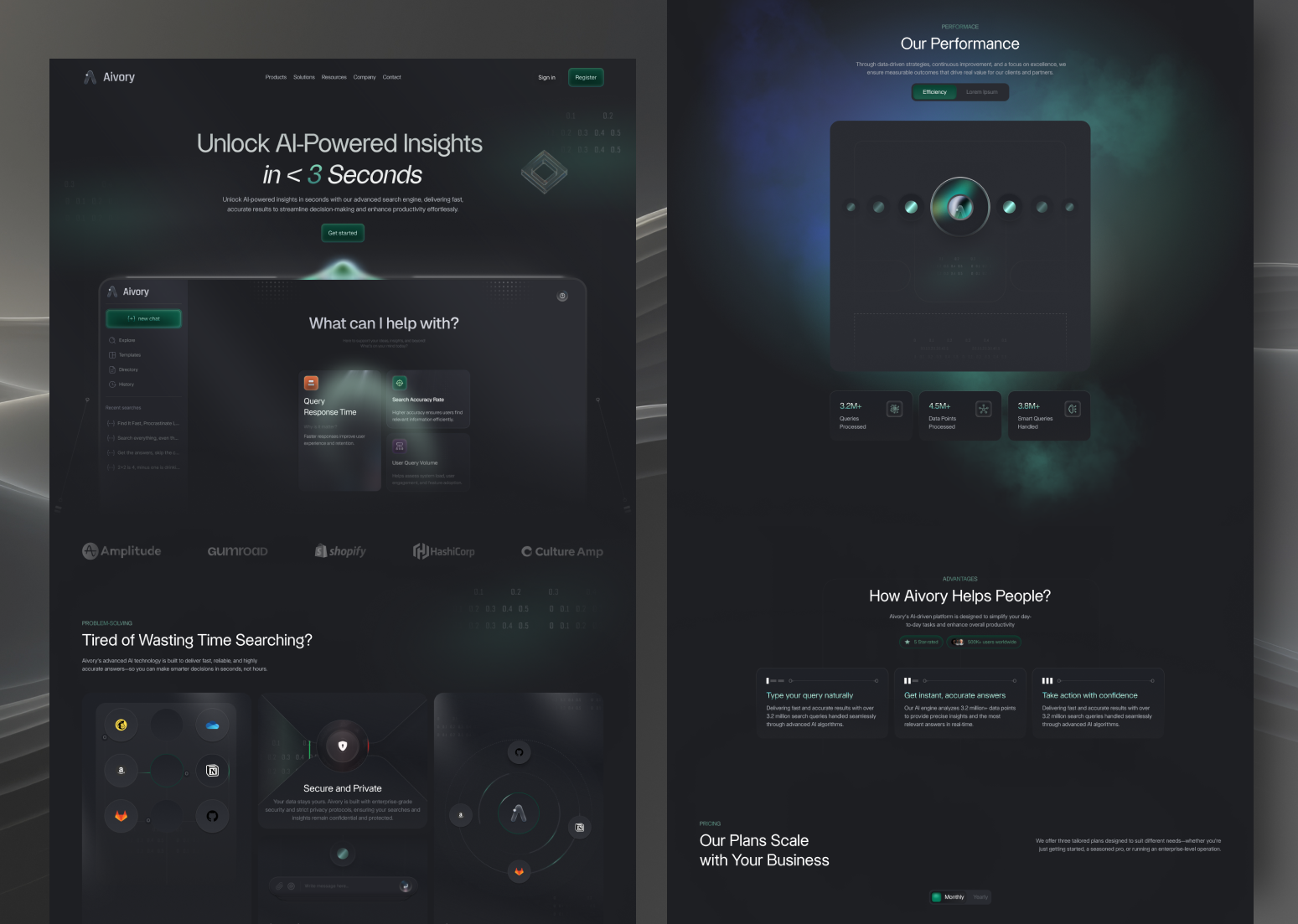 Aivory – Landing Page for Productivity-Driven Smart Search App ai ai assistant ai technology ai webiste ai website design clean design web enterprise ai graphic design tool landing page saas saas landing page search startup talk ai ui website