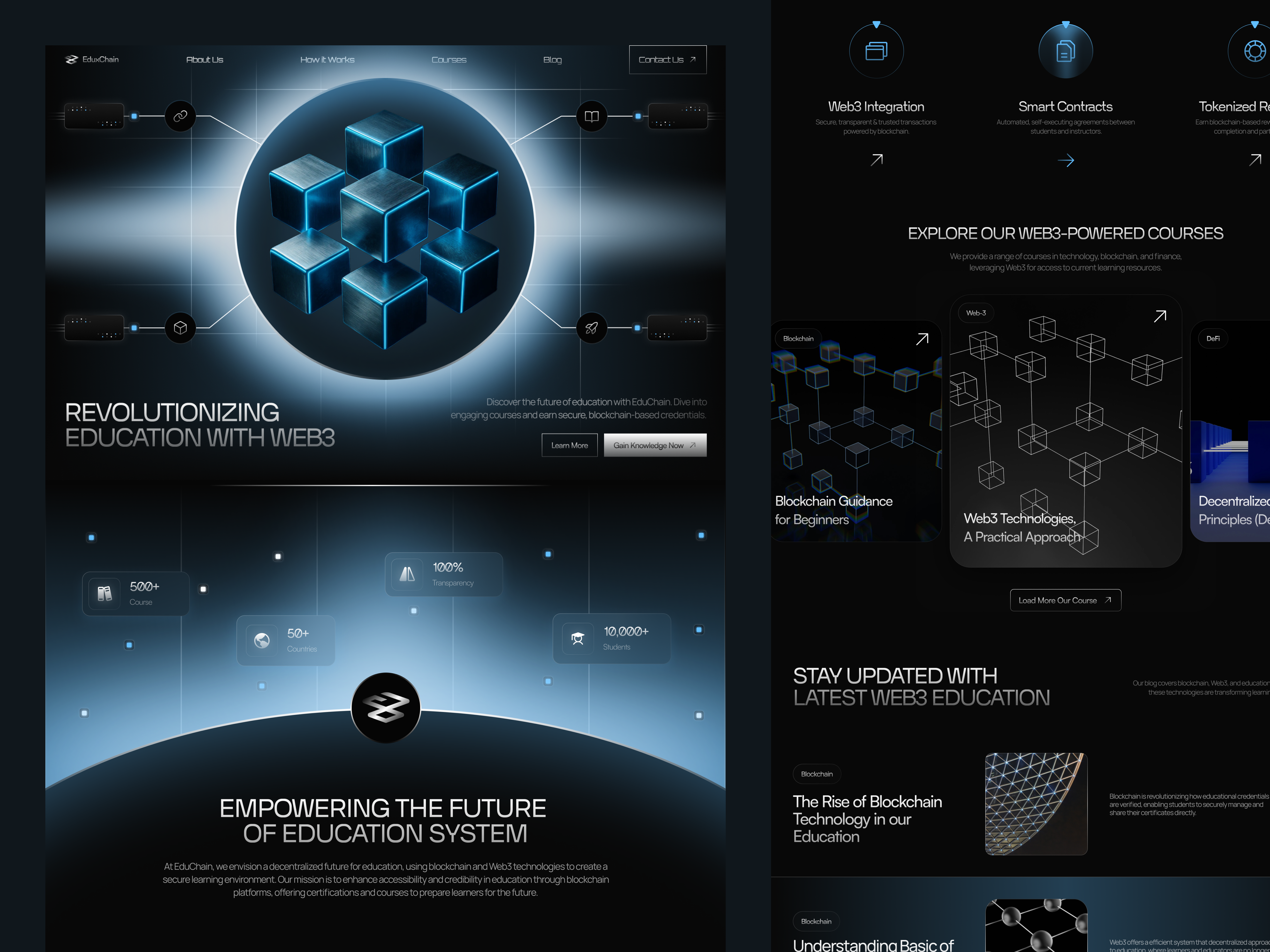 Eduxchain : Web3 Education - Website Landing Page blockchain course dark dark mode decentralized education home page landing page learning tech ui ui design uiux uiuxdesign ux web web design web3 web3 websote website