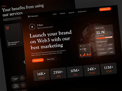 Cripround - Web3 Marketing Agency Landing Page agency blockchain business company crypto cryptocurrency dark defi digital marketing exchange finance financial marketing service ui ux web design web3 website
