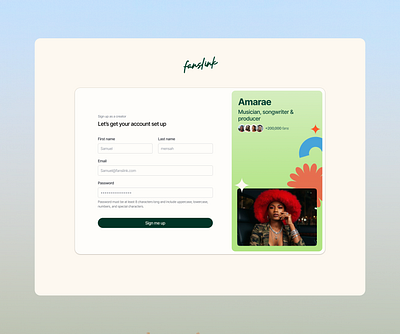 Fanslink Signup screen authentication create account design fans link login logout sign in signup ui ui design ux ux design web design