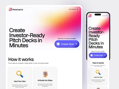 PitchCraft AI – Investor Pitch Deck Generator UI ai ai concept aiproduct aiux business deck clean design gra gradient landingpage minimal modern design pitchdeck redesign startup ui uiuxdesign uxdesign webdesign website website design