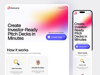 PitchCraft AI – Investor Pitch Deck Generator UI ai ai concept aiproduct aiux business deck clean design gra gradient landingpage minimal modern design pitchdeck redesign startup ui uiuxdesign uxdesign webdesign website website design