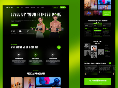 Fitness Landing Page dark theme web design figma web design fitness homepage fitness website ui footer gym landing page health and wellness ui hero banner landing page minimal landing page newsletter pricing plans testimonials trainer team section workout landing page workout programs website