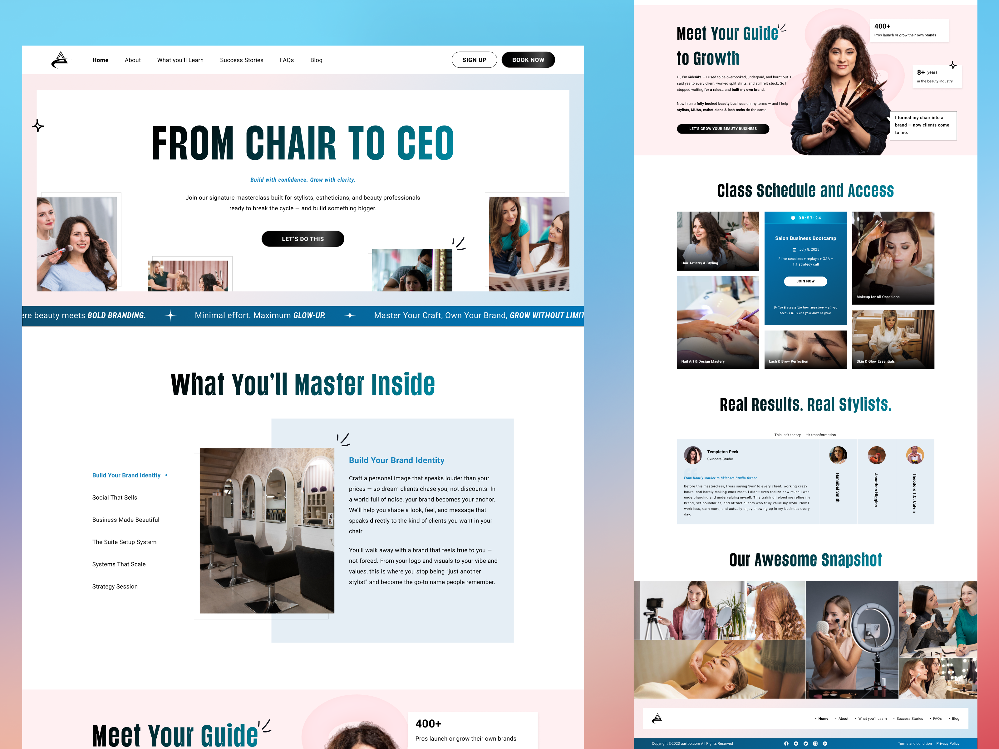 Masterclass Landing Page – From Chair to CEO 👩‍🎓 beauty business platform beauty coach website beauty masterclass design client success stories course overview ui figma landing page figma web design hero section ui online class landing page personal brand website salon landing page salon website ui testimonials ui