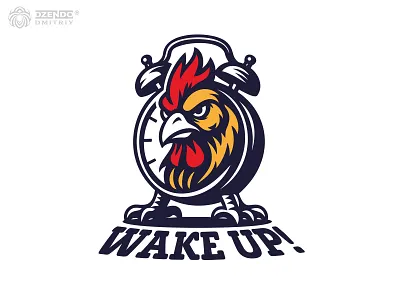 Wake up and stop sleeping! alarm clock logo animal logo bold mascot branding chicken clock mascot creative logo design energetic logo eye catching branding funny character funny rooster logo modern branding morning concept rooster logo wake up logo