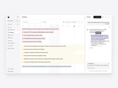 Roadmap View with AI Insights ai assistant calendar chatui clean dashboard flat minimal planning productivity regulation roadmap saas shad shadcn shadcnui tailwind timeline