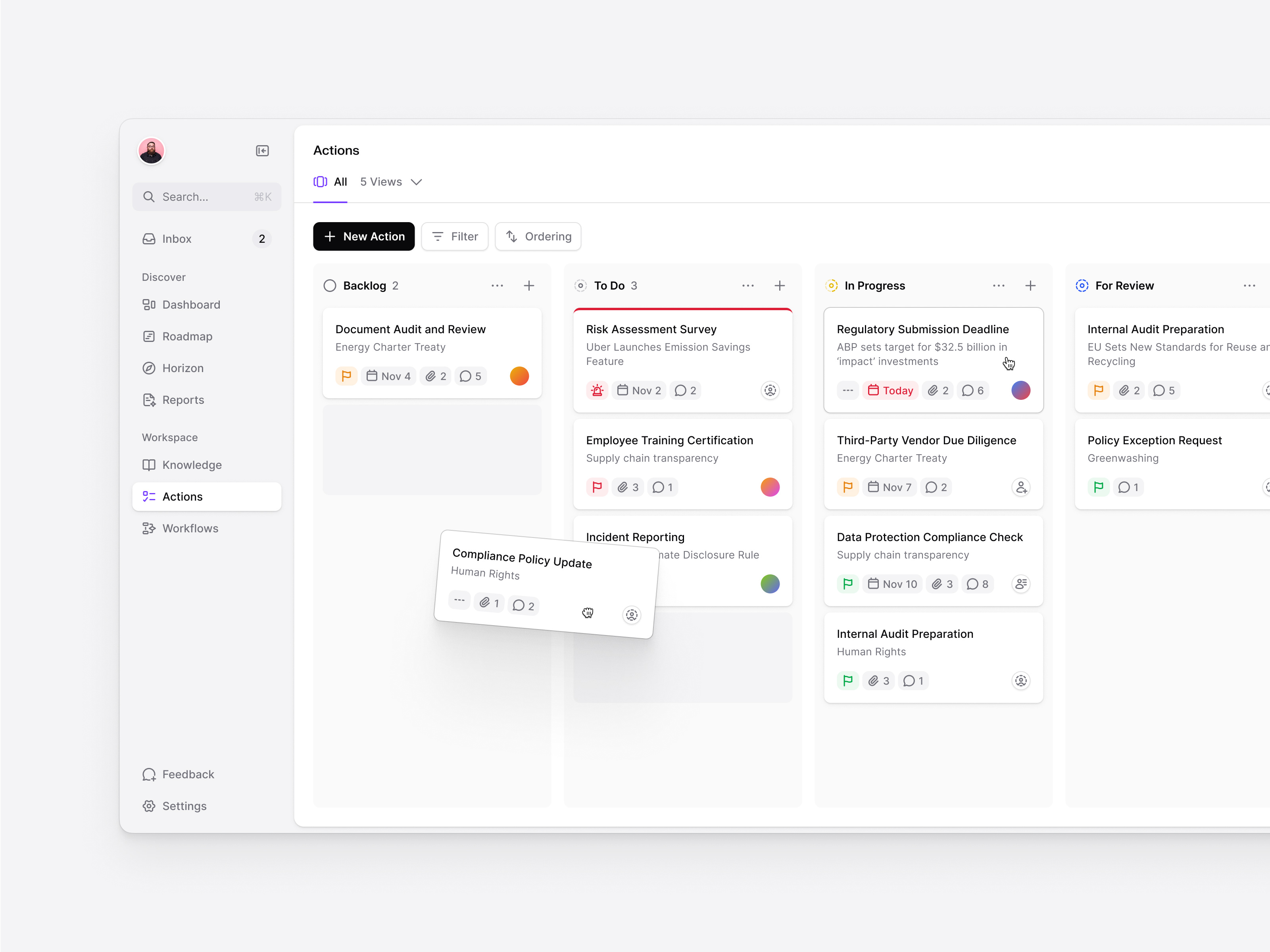 Example of Compliance Task Board (Kanban UI)