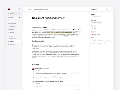 Document View – Audit & Review Details annotation audit clean comments dashboard document editor flat minimal review saas shadcn shadcnui status taiwind writing