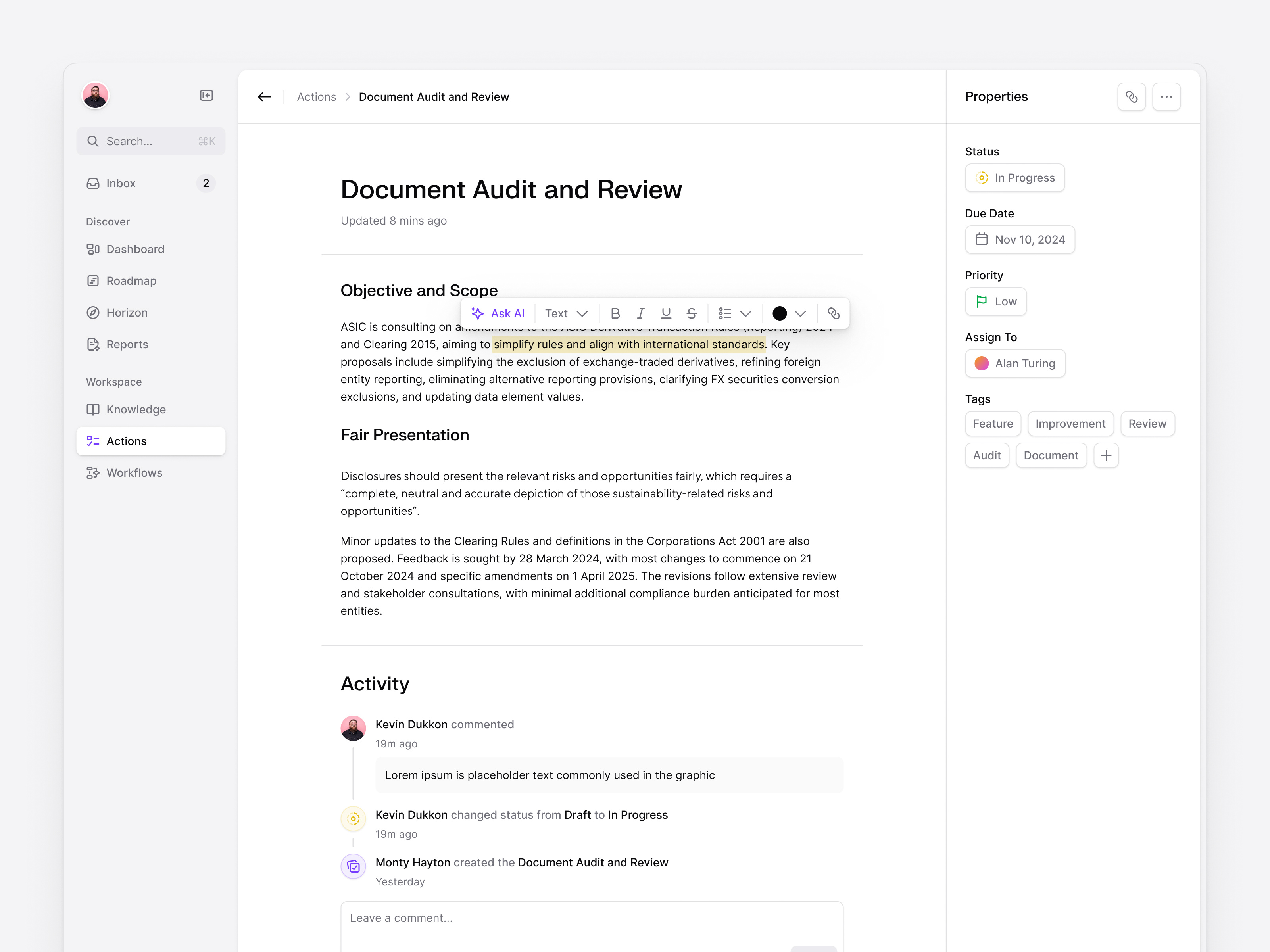 Example of Document View – Audit & Review Details