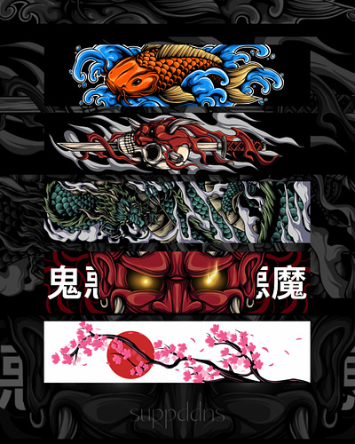 Jet Tag design Japanese theme artwork darkart design dragon graphic design illustration japanese jet tag koi oni sakura skull
