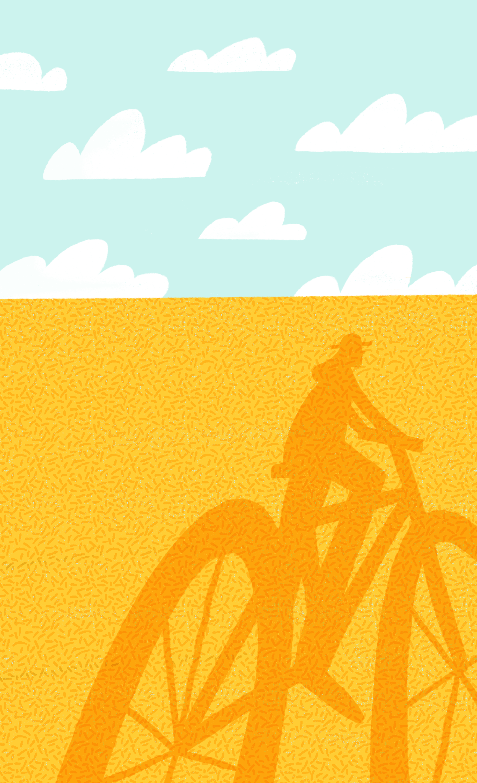 Lighthearted bicycle bike character clouds countryside field girl illustration motion procreate rural rye sky summer sunset texture village