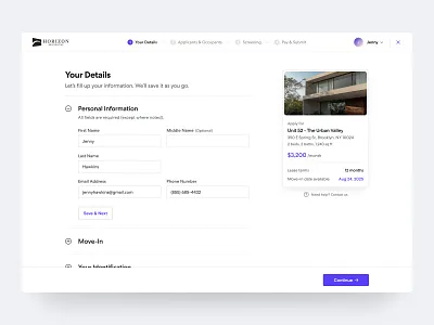 Resident Portal - Rental Application Form apartments application card dashboard form housing housing portal icon design listing property management software real estate rental saas software steps tenant ui design ui ux design web app web design