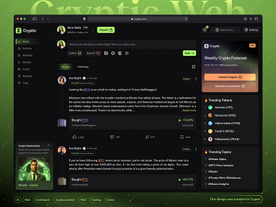 Crypto Dashboard - Home/Feed banking charts crypto crypto dashboard crypto trading dark theme dashboard feed finance fintech fintech dashboard fintech product futuristic theme social feature social media trading ui web design web3 webapp