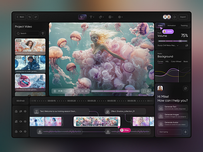 AI Video Editor Platform UI Design ai design ai interface content creation creative tool dark ui dashboard ui design figma design futuristic ui generative ai interface motion graphics nixtio product design timeline editor ui ux ux design video editor ui video production web app design