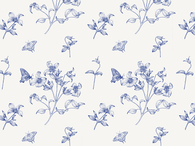 Toile vintage pattern Clematis flowers, butterflies. Hand drawn blossom blue botanical butterfly clematis design drawing engraved fashion pattern floral pattern flowers graphics hand drawn illustration seamless pattern sketch toile vector vintage wedding pattern