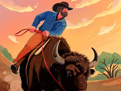 Bison Journey bison character cover cowboy drawing editorial illustration journey landscape man people rider uran western