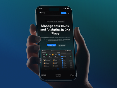 Selora – Point of Sales App Landing Page - Responsive Mockup analitycs app blue bussiness clean dark dashboard design landingpage mobile mobile first mockup pos app responsive sales app startup ui uiux ux web design