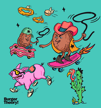 Burger Theory Brand and Merchandise Assets design burger burger branding burger illustration burger logo burger merchandise burger restaurant character design cowboy fast food branding fast food design logo burger merchandise design surreal wild west burger